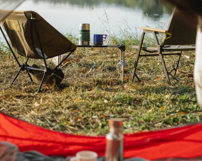 Unfolded camping chairs and tent placed on grassy lake shore in peaceful summer nature